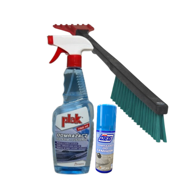 Plak zestaw Odmrażacz do szyb 750ml, szczotka, odmrażacz do zamków